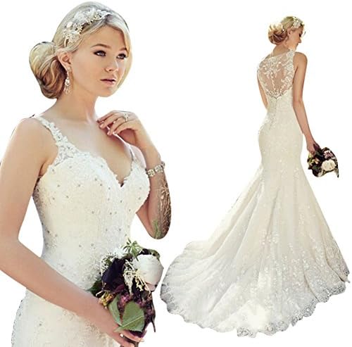 JoyVany Sexy Lace Mermaid Wedding Dress 2016 Spaghetti Strap Modest Weddingdress White Size 8