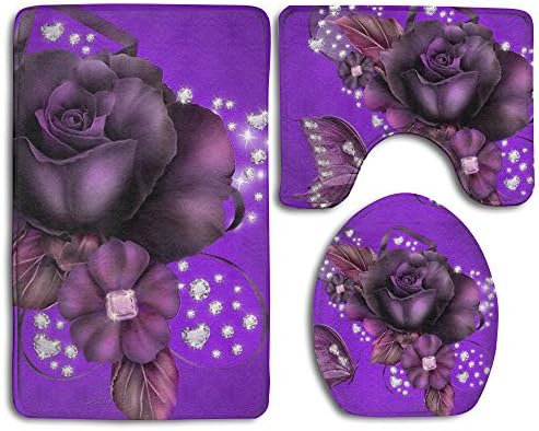 Diamond Butterfly And Purple Rose 3 Piece Bath Rug Set Non-Slip Bathroom Rug Contour Mat Lid Cover For Bathroom