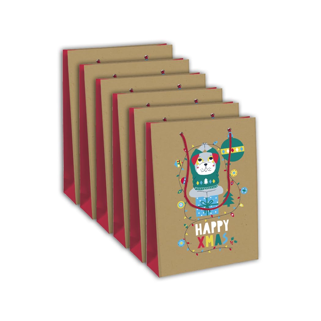 Clairefontaine X-29550-2Cpack - A Pack of 6 Kraft Gift Bags- Large size - 26,5x14x33 cm - 210g - Motif: Animals Yoga, Merry Christmas- Ideal for Games, Puzzles