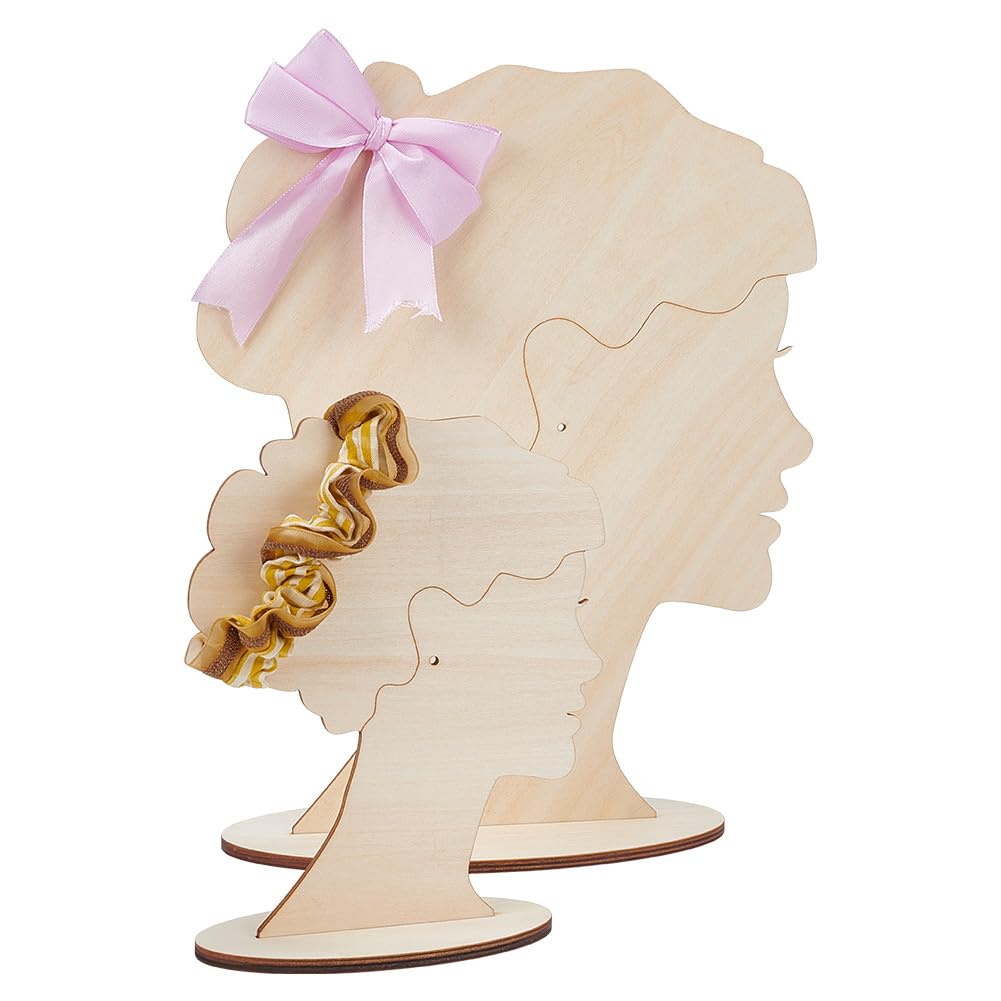 DELORIGIN 2 Sets Hairpin Display Stand, 2 Sizes Head Silhouette Hair Bow Holder Wooden Head Template Hair Bun Silhouette Showcase for DIY Crafts Fairs Booths Selling Boutique Personal Exhibition