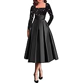 QFMYYXGS Long Sleeve Mother of The Bride Dresses for Women Tea Length A Line Formal Dress Sparkly Sequin Wedding Gown