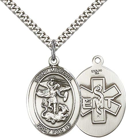 F A Dumont Church Supplies Sterling Silver St. Michael/EMT Pendant with 24" Stainless Steel Heavy Curb Chain. Patron Saint of Police Officers/EMTs
