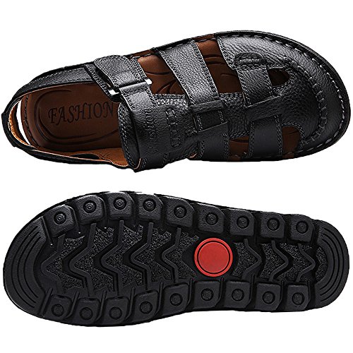 JIONS Closed Toe Leather Fisherman Sandals For Men, Men's Casual Outdoor Adjustable Strap Summer Shoes Black US 6.5/EU 38