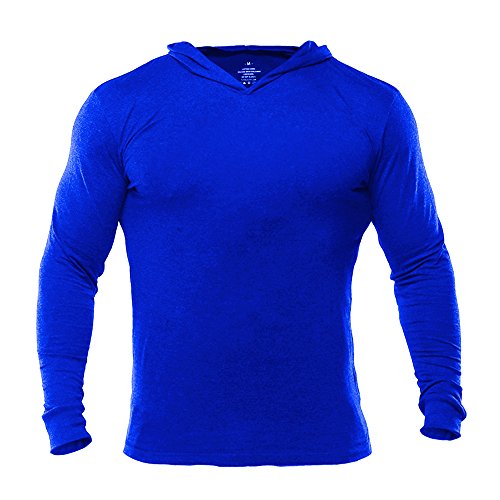 MUSCLE ALIVE Bodybuilding Long-sleeve Hoodie Casual Sweatshirts Stretchy Cotton Blue Plain Color Size S