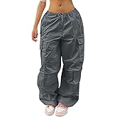 IWEMEK Women Parachute Pants Baggy Cargo Pants with Pockets Drawstring Low Waist Y2K Pants Loose Hip Hop Casual Streetwear