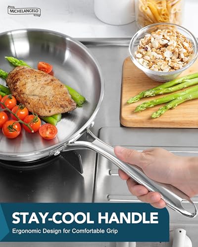 MICHELANGELO 18/10 Stainless Steel Frying Pan Set, 20/24/28cm Steel Frying Pans, Triply Base Stainless Steel Pans Set with Ergonomic Handle, Induction Compatible