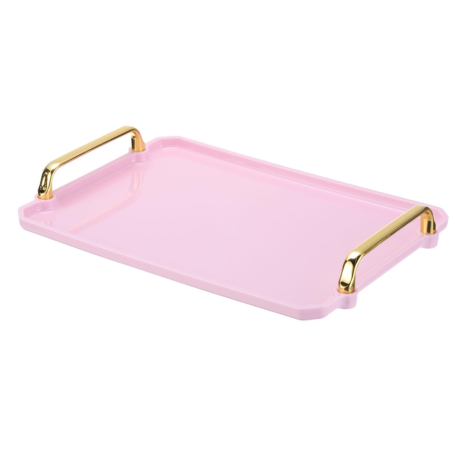 PATIKIL 12 x 8.6 Inches Plastic Serving Tray with Golden Handles, Reusable Tray Rectangular Party Platters for Dessert Coffee Tea Table, Living Room Kitchen Countertop, Pink