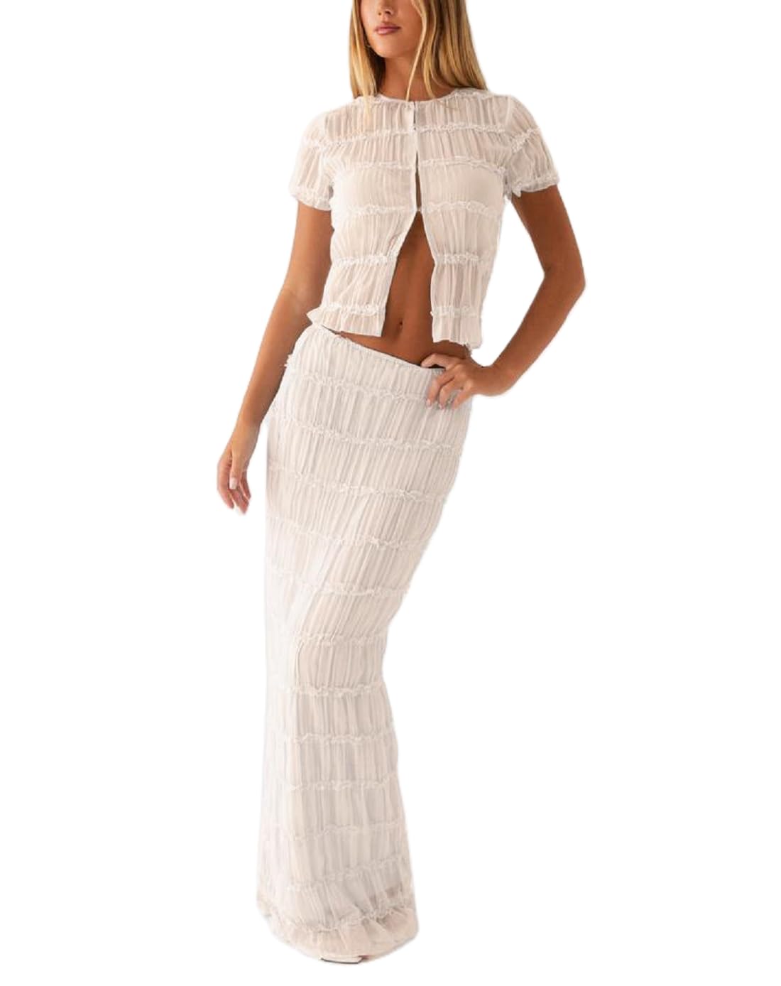 Photo 1 of Womens 2 Piece Maxi Skirt Set Lace Up Sleeveless Tank Top and Flowy Long Skirt 2024 Summer Beach Outfits (B Apricot,M)