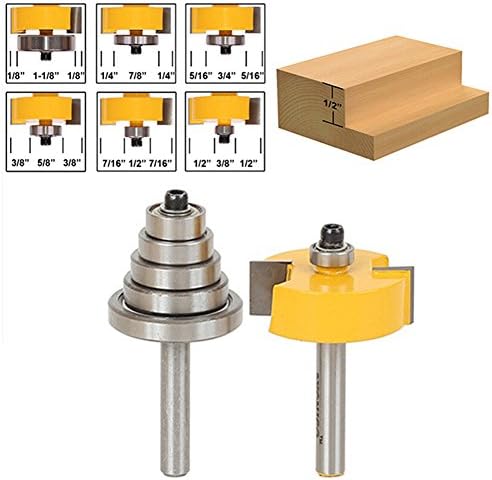 HOHXEN Rabbet Router Bit with 6 Adjustable Bearings Set for Multiple Depths(1/8", 1/4", 5/16", 3/8", 7/16", 1/2"), 1/4-Inch Shank