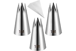 3Pcs 1M Piping Tips, Stainless Steel 1M Star Tips for Piping Seamless Icing Tips, with 20Pcs Disposable Piping Bags for Cake 