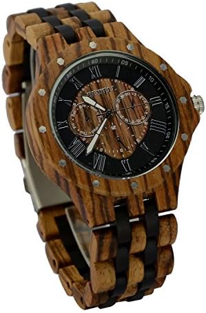 Ideashop Date Time Week 24 Hours Zebrawood Watches QUARTZ Wood Watch with Night Visual Gift for Men