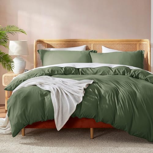 Nestl Full Duvet Cover Set with Comforter Insert - Olive Green 4 Piece 80x90 Du…