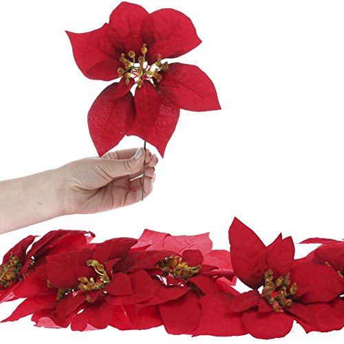 Group of 12 Realistic Look Artificial Christmas Red Poinsettia Blooms on Stems