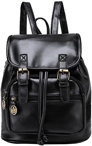 Women PU Leather Vintage Drawstring School Backpack Crossbody with Lid Purse Ladies Travel Shoulder Bag Laptop(black-2)
