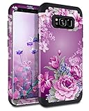 Lontect Compatible Galaxy S8 Plus Case Floral 3 in 1 Heavy Duty Hybrid Sturdy Armor High Impact Shockproof Protective Cover Case for Samsung Galaxy S8 Plus, Black/Purple Flower