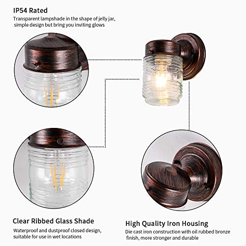 RUNNY Wall Light Fixture Jelly Jar Indoor/Outdoor Wall Lantern with Clear Ribbed Glass for Entryway Porch Patio, Black Red Copper