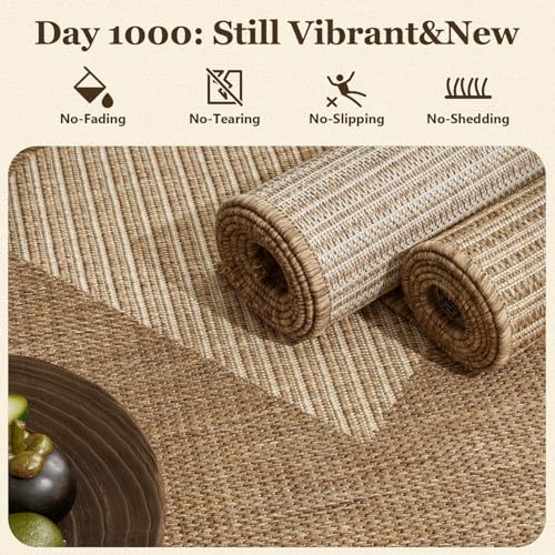 Outdoor Rug-Patio Rug 8x10 Outdoor Carpet Polypropylene Indoor Outdoor Rug for Patio Porch Deck Balcony Textured Weave Durable Mat Boho Stripes Pattern Beige & Brown