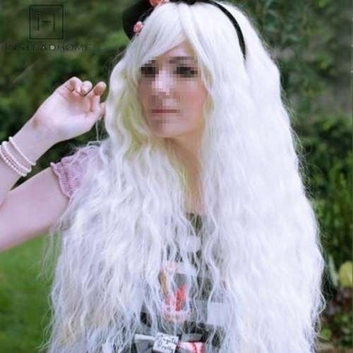 White Corn Wave Curly Wig Long Hair Cosplay Fluffy Harajuku Straight Full Head Wigs Costume