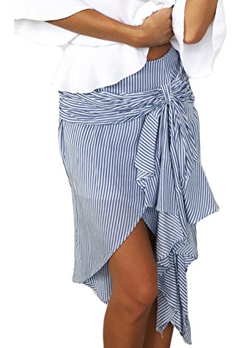 Zhaoyun Womens Stripe Bow Belt Ruffles Irregular Summer Casual Flare Madi Skirt Blue-M