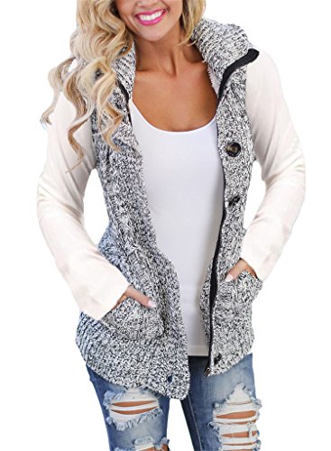 Blibea Womens Fashion Hoodies Sweater Vest Button-up Cable Knit Sleeveless Cardigan Coats Outerwear with Pockets Medium Grey