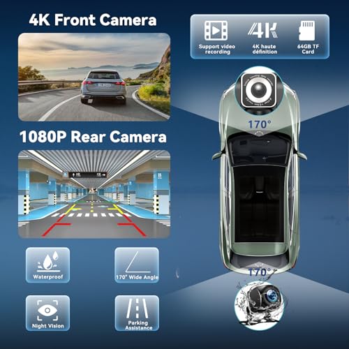 10.26" Pantalla Carplay Coche para Apple CarPlay & Android Auto, Táctil Pantalla con 4K Dash Cam / 1080P Cámara Retrovisora, CarPlay Autoradio Pantalla Táctil Soporta Doble WiFi / Video