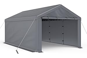 Cecarol C04 12x20FT Heavy Duty Carport, 180G Heat-Sealing All WeatherTarp, 40MPH Windproof, w/Side Tarps for Sandbag Mounting, Detachable Side Walls&Doors (Grey)