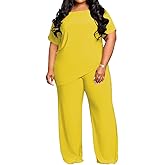 TOPSRANI Womens Plus Size Two Piece Outfits Sweatsuits Casual Tracksuit Short Sleeve Loose Baggy Wide Leg Long Pants Sets