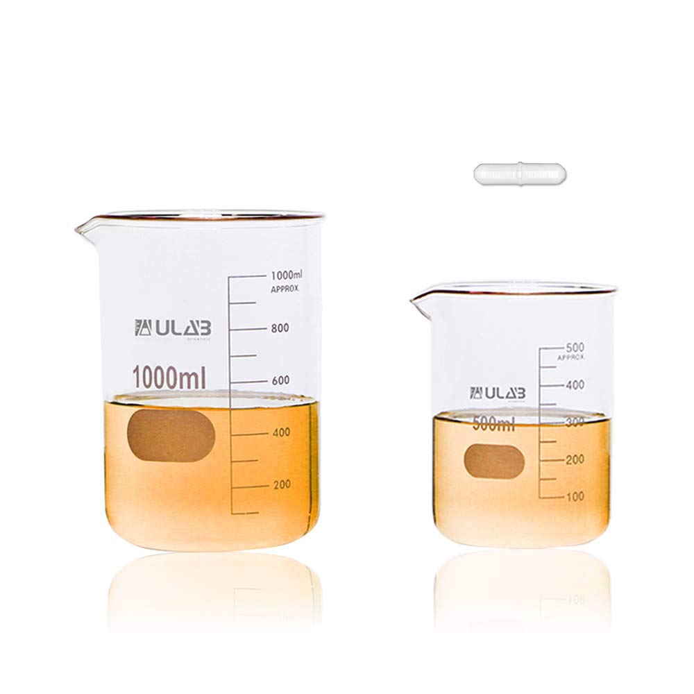ULAB Glass Beaker Set, 2 Sizes of Vol. 500ml 1000ml, 3.3 Boro Griffin Low form with Printed Graduation, UBG1021