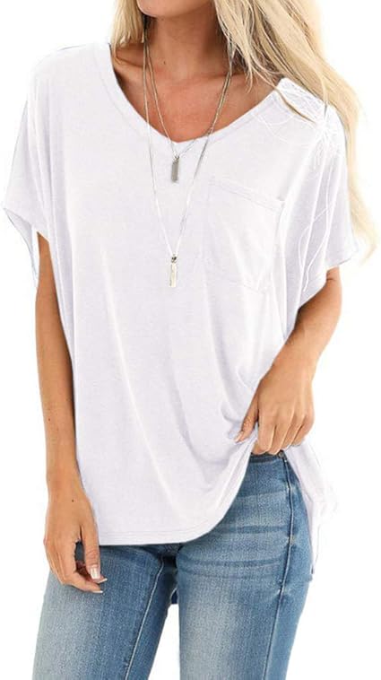 Amazon レディース Vネックtシャツ 半袖 夏 ベーシックチュニックトップス カジュアル ゆったり コットンtシャツ ポケット付き Tシャツ カットソー 通販