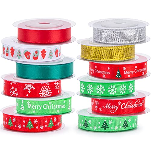 VGOODALL Christmas Ribbons, 12 Rolls x 5Yd Colorful Xmas Gift Wrapping Ribbon Metallic Glitter Craft Ribbon for Christmas Tree Gift Wrapping DIY Crafts Wreath Decoration