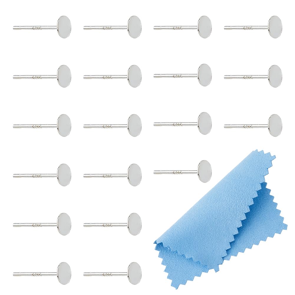 DICOSMETIC 925 Sterling Silver Flat Pad Earring Studs 4mm With Polishing Cloth and Ear Nuts for Jewelry Making, Pin: 0.8mm (20Pcs)