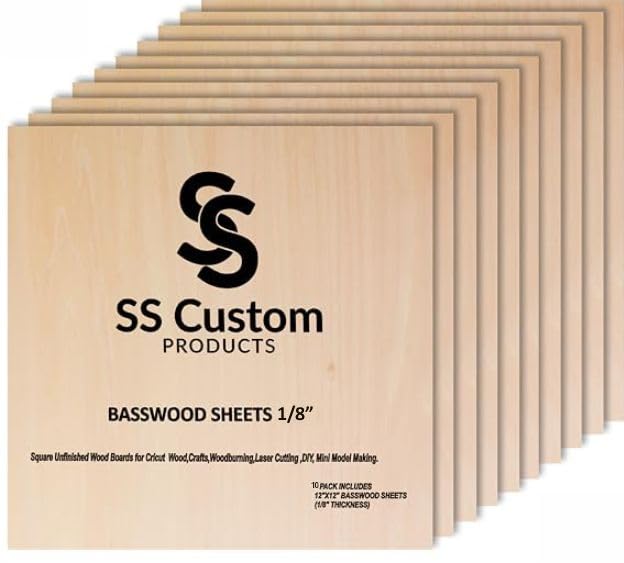 Basswood Sheets for Crafts 1/8 inch, 3mm Plywood Sheets for Laser Cutting, Wood Burning, Architectural Models, Drawing - 10 Pack Bass Wood 12 x 12 inch (SS Custom Products)