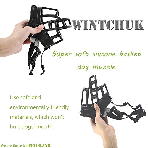 wintchuk Soft Silicone Basket Dog Muzzle Mouth Cover with Nylon and Reflective Neck Straps for Small, Medium and Large Dogs, Anti Barking, Biting, Chewing and Licking, Adjustable（3，Black - Thumbnail 3