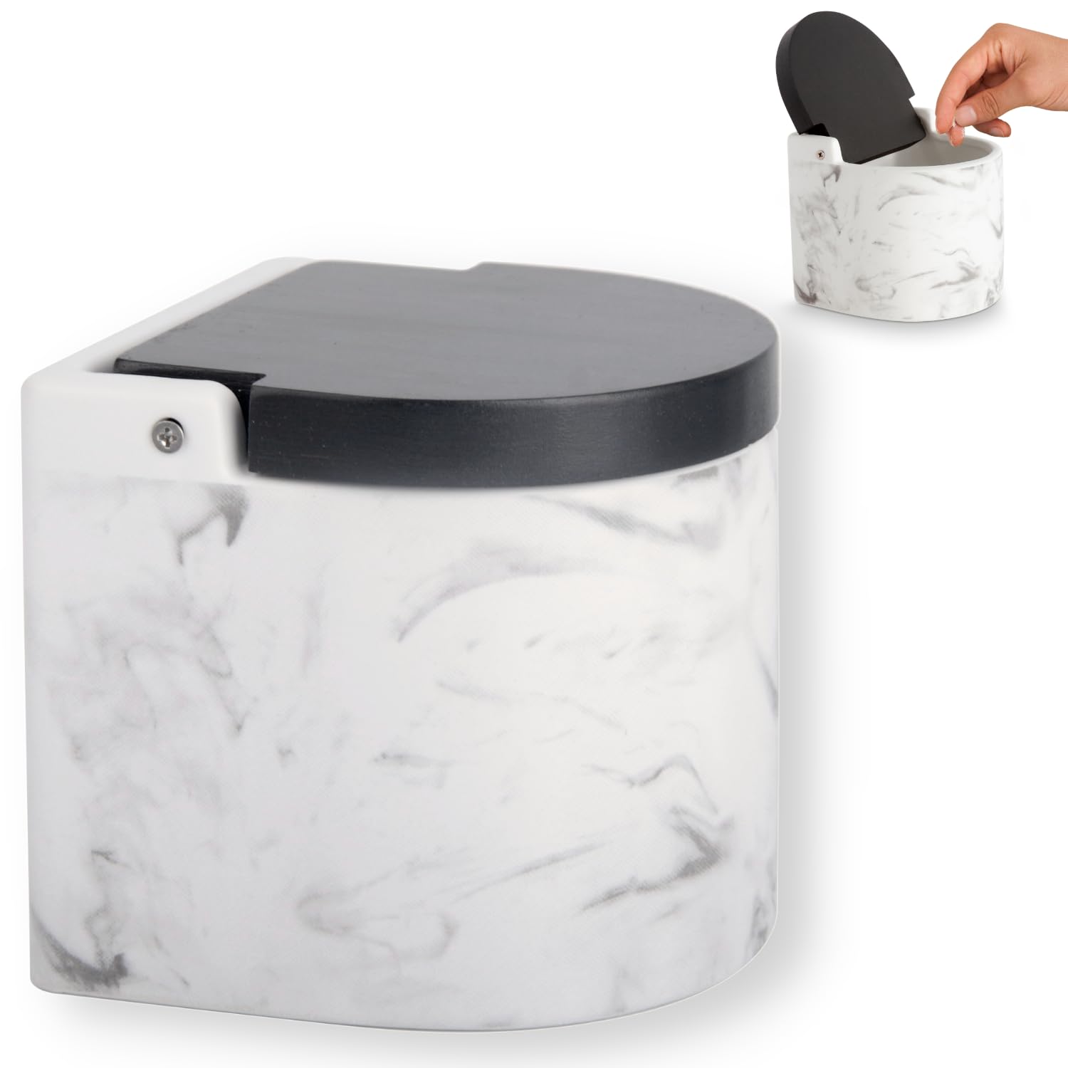 KOOK TIME Salt jar with lid, salt container for the kitchen, ceramic, salt barrel with hinged lid, made of environmentally friendly bamboo, black, 11.5 x 11.5 x 11.4 cm, marble