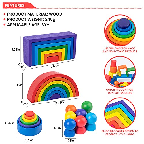 Wooden Rainbow Stacking Game Learning Toy Geometry Building Blocks for