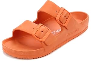 VICT POPU Womens Sandals Adjustable Double Buckle Strap Waterproof EVA Flat Slides