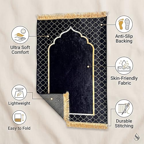 Aishini Soft Velvet Prayer Mat 70×110 cm – Thick Islamic Sajadah Janamaz with Anti-Slip Base, Washable Lightweight Salat Rug for Men Women & Kids, Elegant Prayer Mat for Ramadan Eid Gift