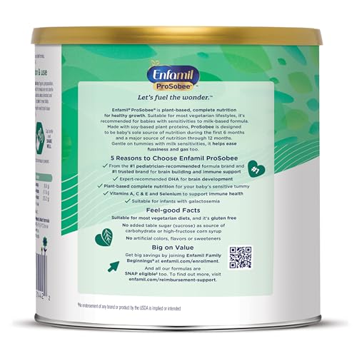 ENFAMIL PROSOBEE PLANT BASED BABY FORMULA, FOR SENSITIVE TUMMIES, SOY-BASED PLANT SOURCED PROTEIN, VITAMINS FOR IMMUNE SUPPORT, LACTOSE-FREE, MILK FREE, GLUTEN FREE, 20.9 OZ CAN