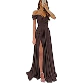 Wirunsy Women's Off The Shoulder Bridesmaid Dresses with Slit Satin Formal Gowns Long Prom Evening Party Dress with Pockets