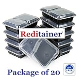 Reditainer®- 2 Compartment Microwave Safe Food Container with Lid/Divided Plate/Lunch Tray with Cover, 20 Pack