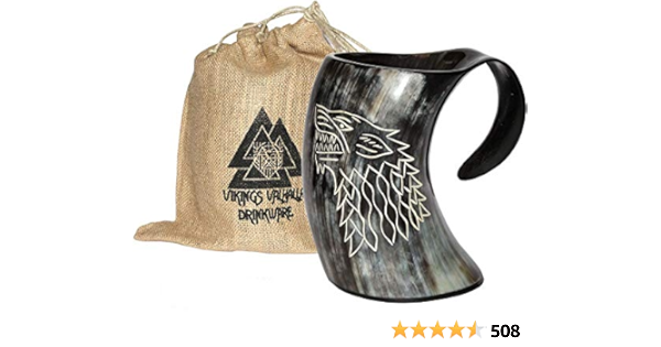 Amazon Com Zahanaara S Vikings Valhalla Game Of Thrones Stark House Drinking Horn Mug Wolf Carved Tankard For Beer Wine Mead Ale Stein With Handle Custom Design Polished Finish Authentic 16oz With Burlap