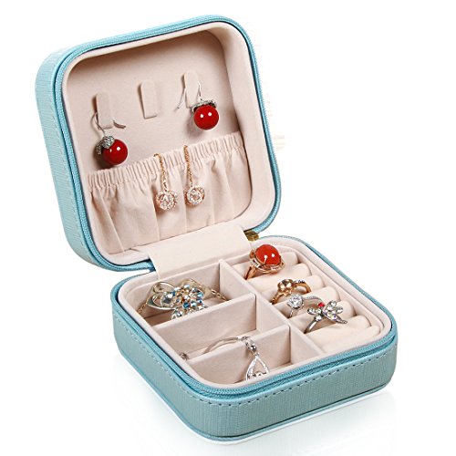 PUSU Small Portable PU Leather Jewelry Box Display Organizer Travel Storage Case for Rings Earrings Necklace (Blue)