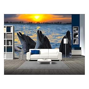 The Bottle-Nosed Dolphins in Sunset Light - Removable Wall Mural | Self-Adhesive Large Wallpaper - 66x96 inches