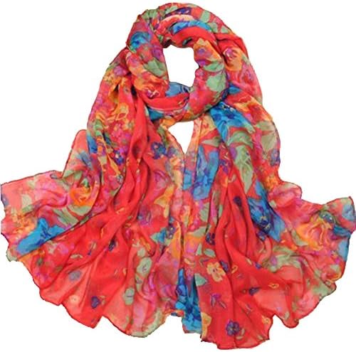 Red Fashion Women's Cotton Linen Beautiful Rural Style Flower Long Silk Scarf Shawl