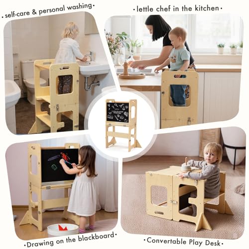 Labebe Montessori Children's Tower, 3 in 1 Folding Teaching Tower, Ladder Children's Stool with Blackboard, Montessori Wood Tower for Kitchen Utensils from 18 Months (Wood)