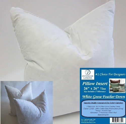 2 Pillow Inserts: 26"x26" 72oz. 10/90 White Goose Feather Down - 2" Oversized & Firm Filled (Actual Size: 28"x28")