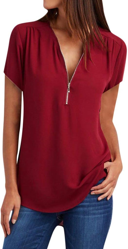 WOCACHI Women Blouse 2020 Summer Flowy Fashion Zipper V-Neck Casual Tops T-Shirt Loose Tunic Tee Short Sleeve Shirt