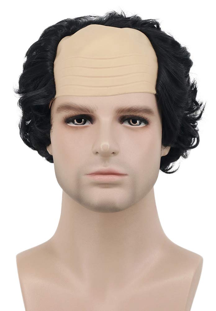 Karlery Short Curly Fits Old Man Bald Cap Black Wig Mad Scientist Halloween Cosplay Anime Costume Party Wig