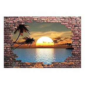 Wall26 - Large Wall Mural - Sunset at Tropical Sea Viewed Through a Broken Brick Wall | 3D Visual Effect Self-Adhesive Vinyl Wallpaper/Removable Modern Decorating Wall Art - 66" x 96"