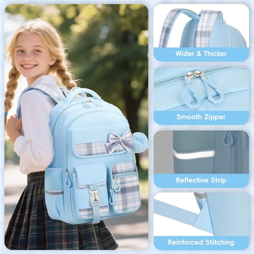 Tanou Girls' Primary School Backpack | Waterproof Daypack for Teens, Kawaii Checked School Bag for Girls 9-16 Years Old for Travel, Blue